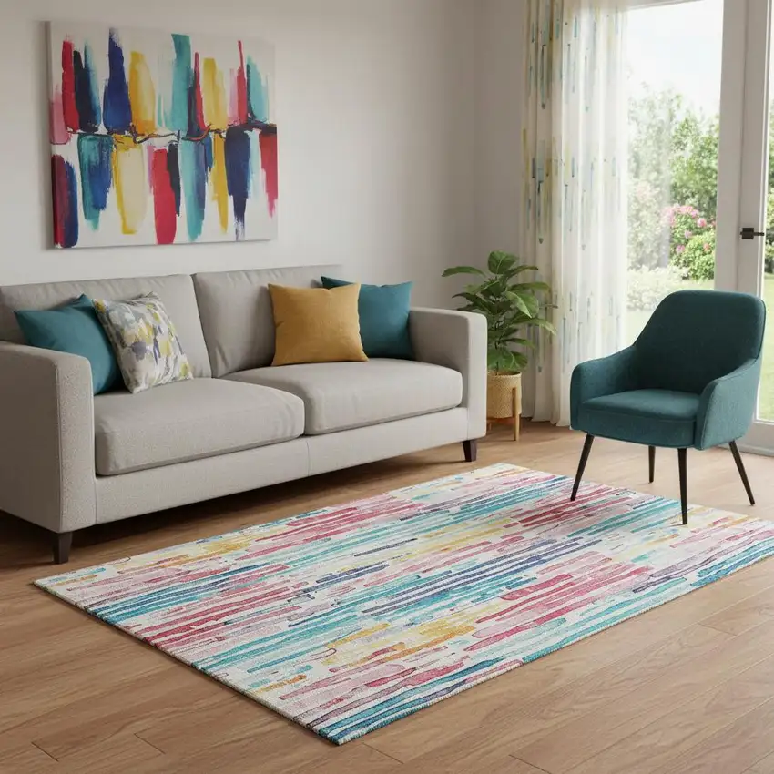 White Pink And Teal Striped Washable Area Rug With UV Protection Photo 2