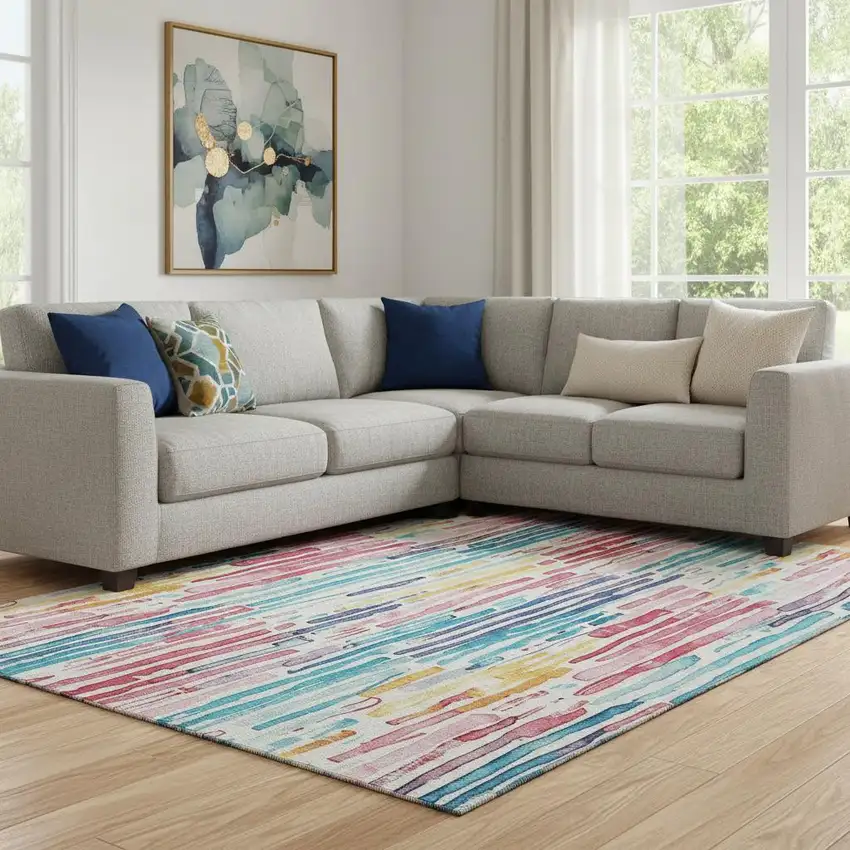White Pink And Teal Striped Washable Area Rug With UV Protection Photo 2