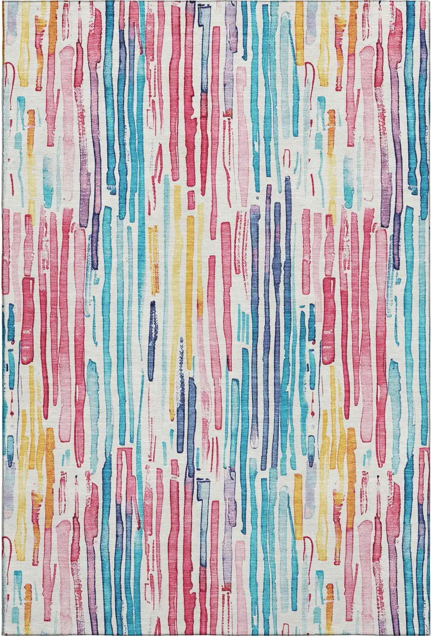White Pink And Teal Striped Washable Area Rug With UV Protection Photo 1
