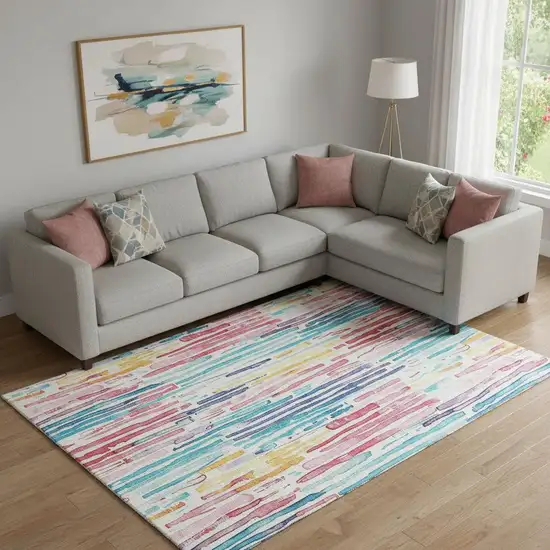 White Pink And Teal Striped Washable Area Rug With UV Protection Photo 2