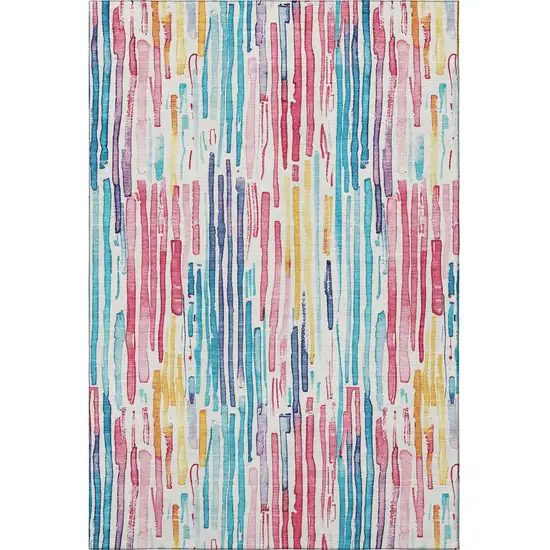 White Pink And Teal Striped Washable Area Rug With UV Protection Photo 3