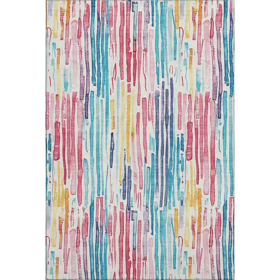 White Pink And Teal Striped Washable Area Rug With UV Protection Photo 1