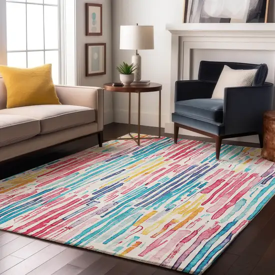 White Pink And Teal Striped Washable Area Rug With UV Protection Photo 5