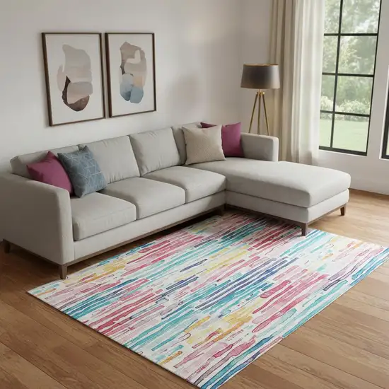 White Pink And Teal Striped Washable Area Rug With UV Protection Photo 2