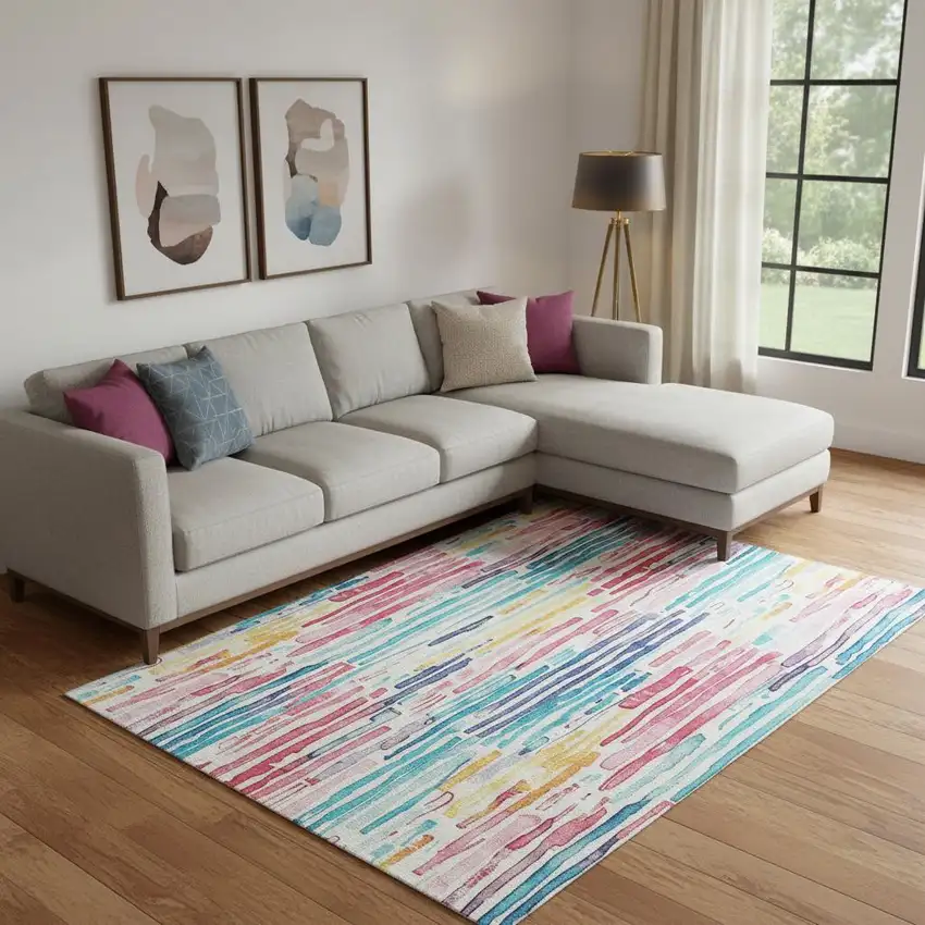 White Pink And Teal Striped Washable Area Rug With UV Protection Photo 2