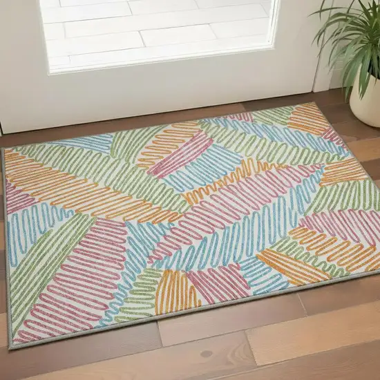 White Pink Green And Blue Floral Washable Area Rug With UV Protection Photo 2