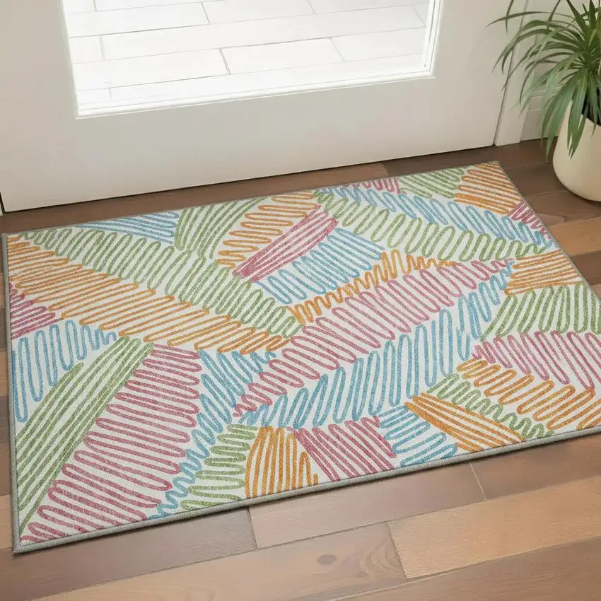 White Pink Green And Blue Floral Washable Area Rug With UV Protection Photo 2