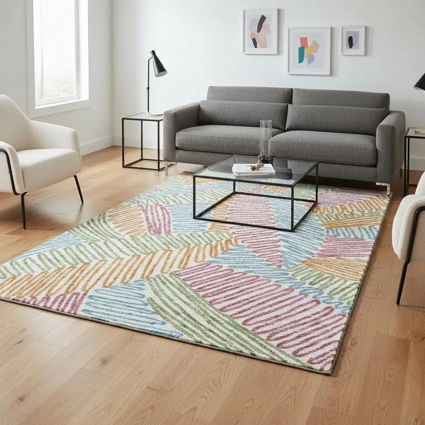 White Pink Green And Blue Floral Washable Area Rug With UV Protection Photo 2