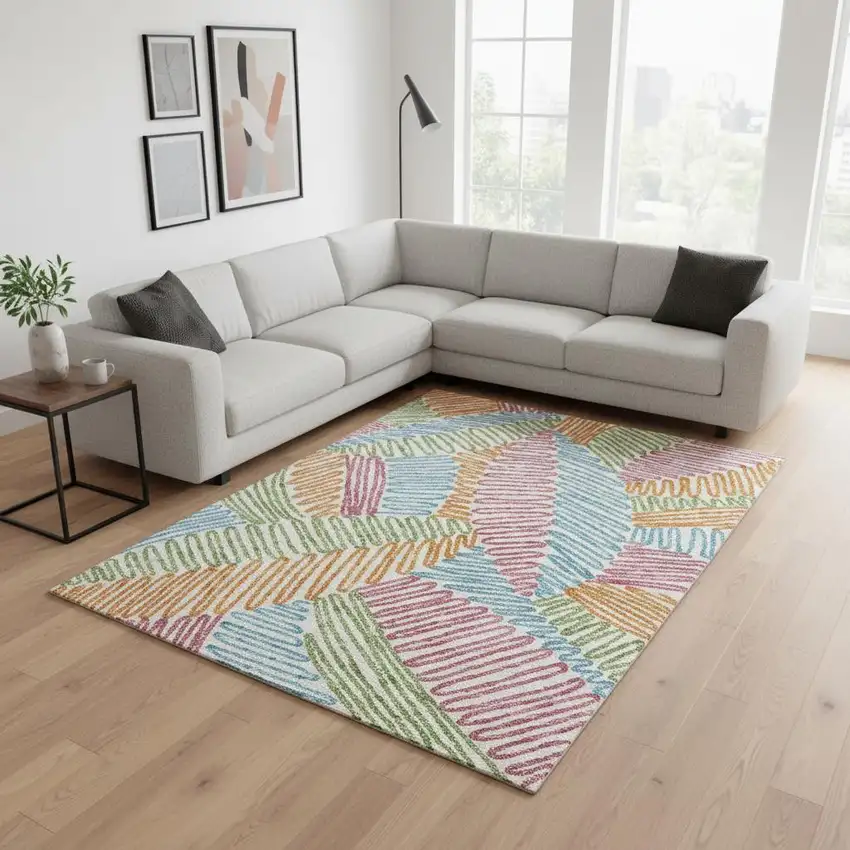 White Pink Green And Blue Floral Washable Area Rug With UV Protection Photo 2