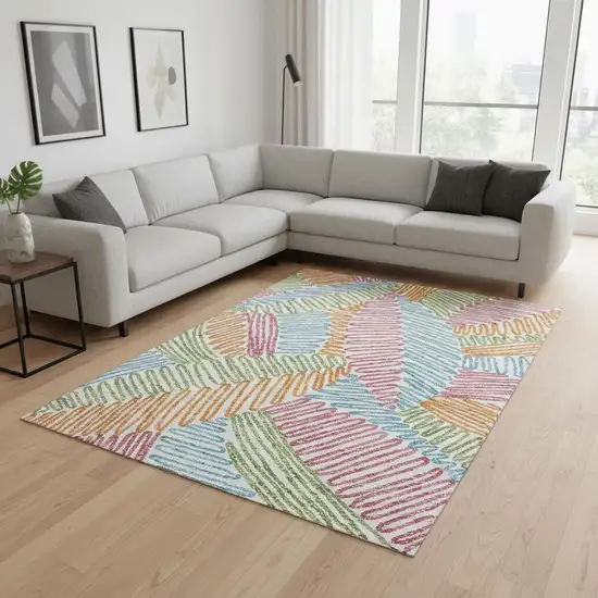 White Pink Green And Blue Floral Washable Area Rug With UV Protection Photo 2