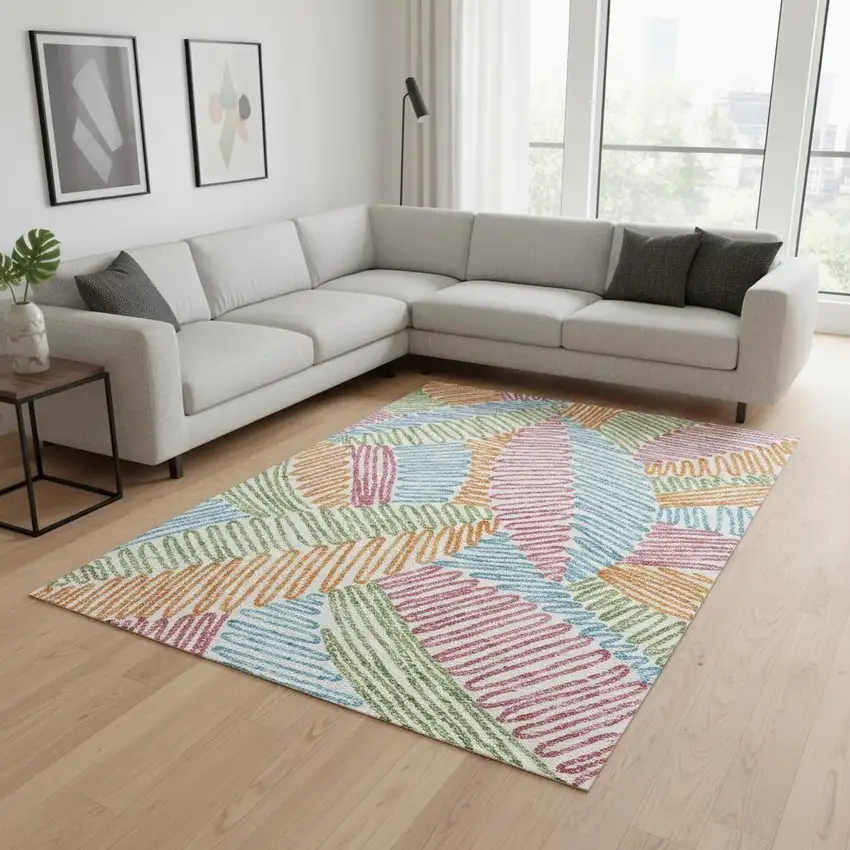 White Pink Green And Blue Floral Washable Area Rug With UV Protection Photo 2