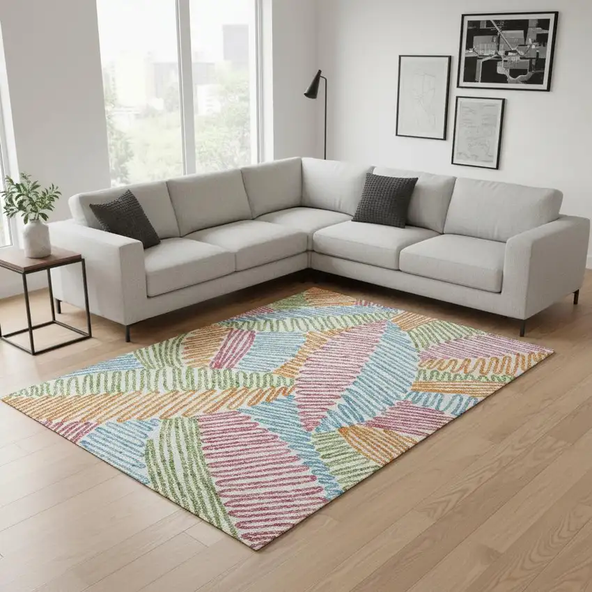 White Pink Green And Blue Floral Washable Area Rug With UV Protection Photo 2