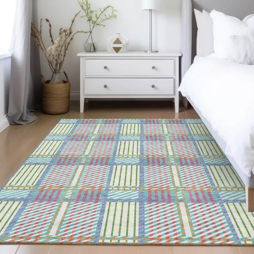 White Purple And Pink Plaid Washable Indoor Outdoor Area Rug Photo 9