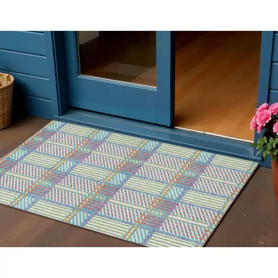 White Purple And Pink Plaid Washable Indoor Outdoor Area Rug Photo 1
