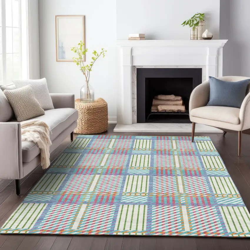 White Purple And Pink Plaid Washable Indoor Outdoor Area Rug Photo 9