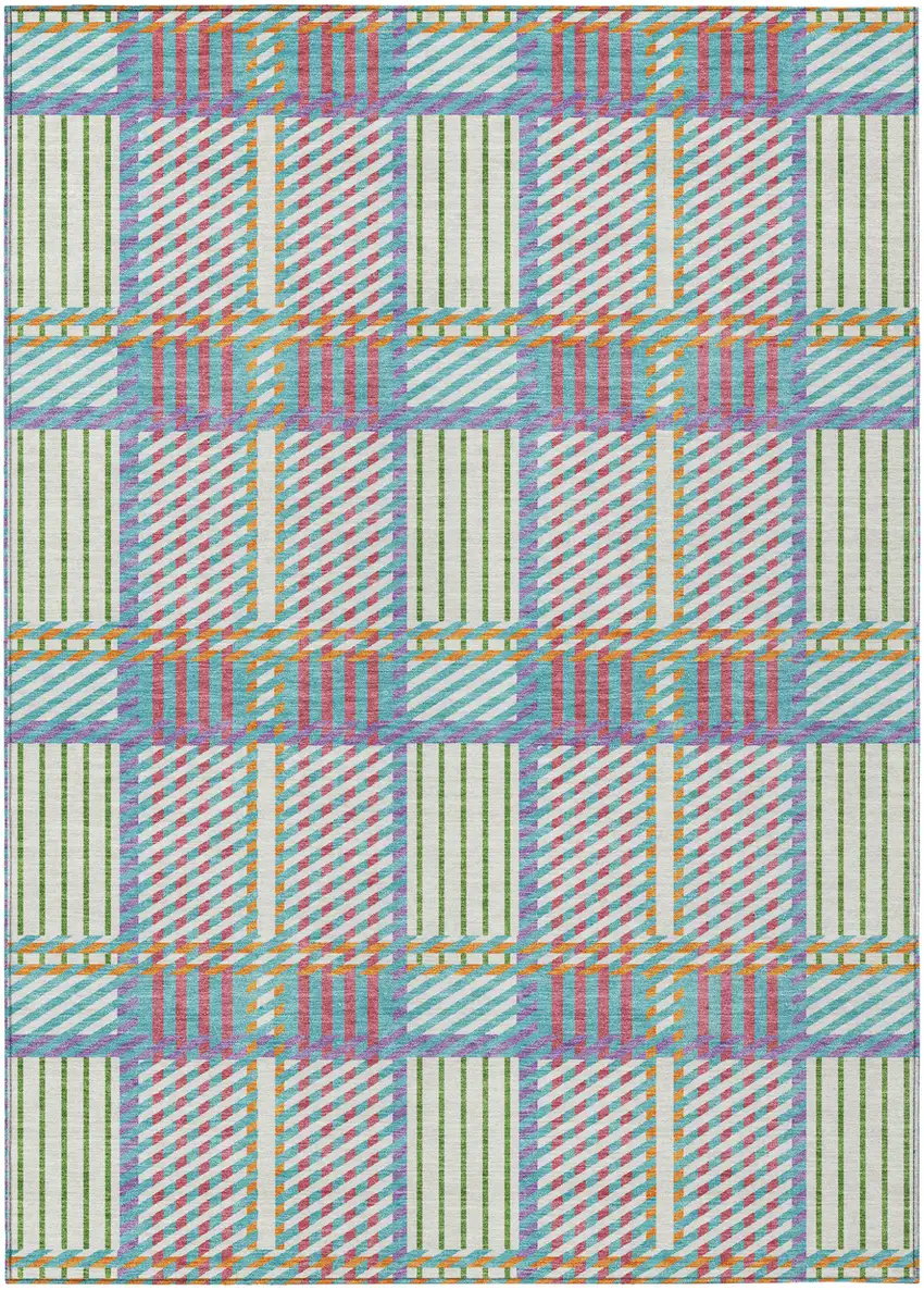 White Purple And Pink Plaid Washable Indoor Outdoor Area Rug Photo 2