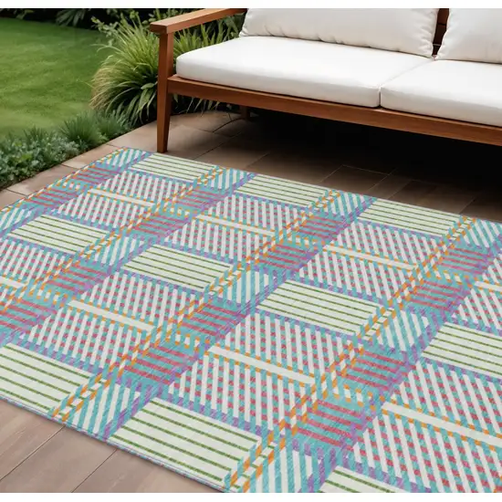 White Purple And Pink Plaid Washable Indoor Outdoor Area Rug Photo 1