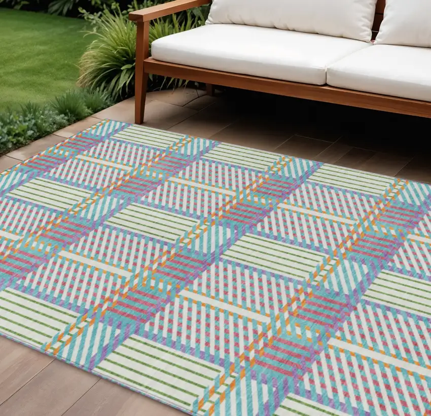 White Purple And Pink Plaid Washable Indoor Outdoor Area Rug Photo 1