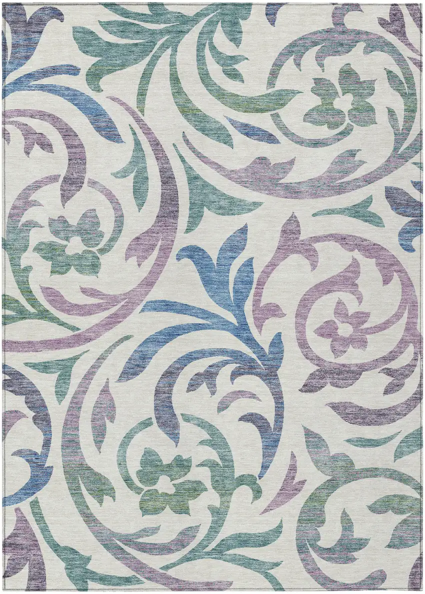 White Purple And Sage Floral Washable Indoor Outdoor Area Rug Photo 2
