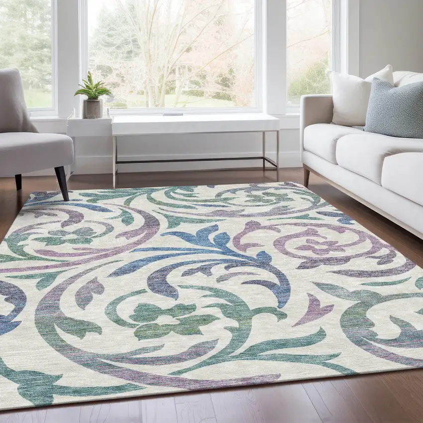 White Purple And Sage Floral Washable Indoor Outdoor Area Rug Photo 8