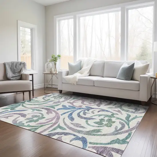 White Purple And Sage Floral Washable Indoor Outdoor Area Rug Photo 8