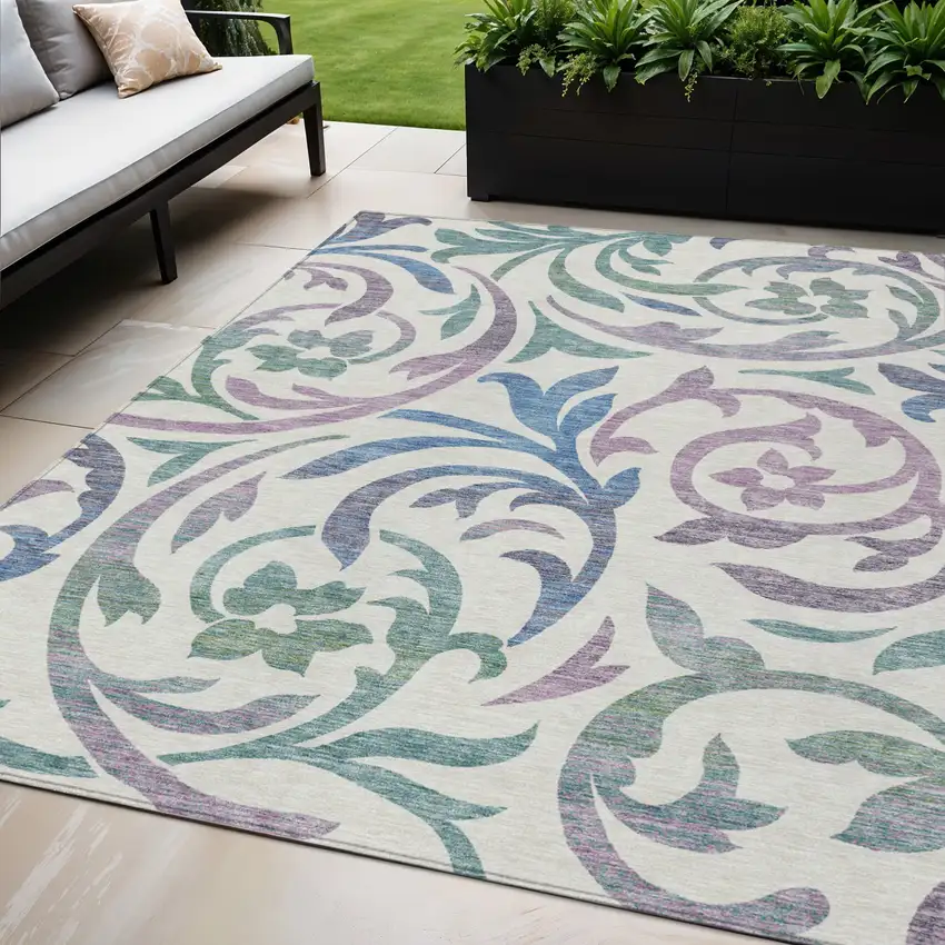 White Purple And Sage Floral Washable Indoor Outdoor Area Rug Photo 1