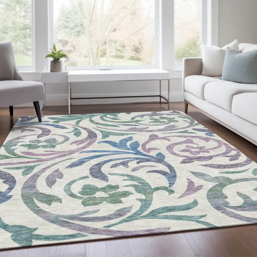 White Purple And Sage Floral Washable Indoor Outdoor Area Rug Photo 7