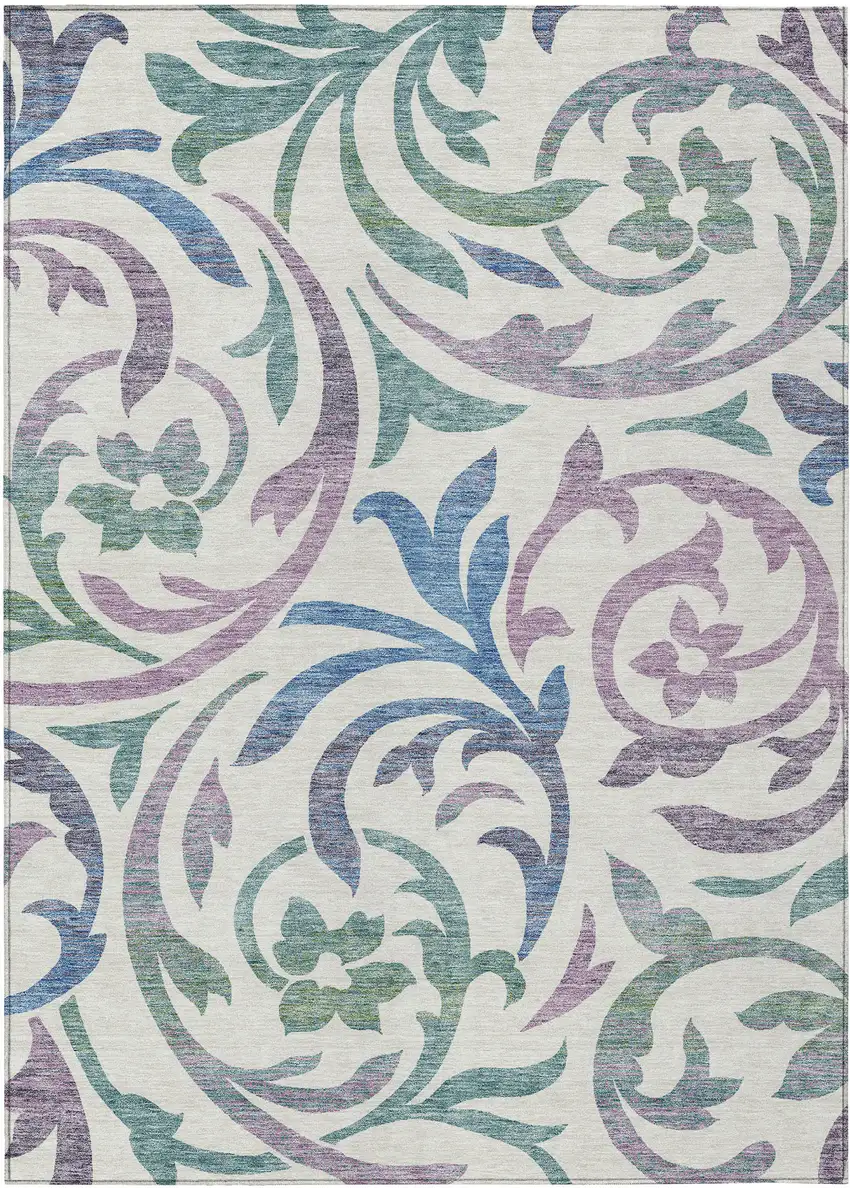 White Purple And Sage Floral Washable Indoor Outdoor Area Rug Photo 1