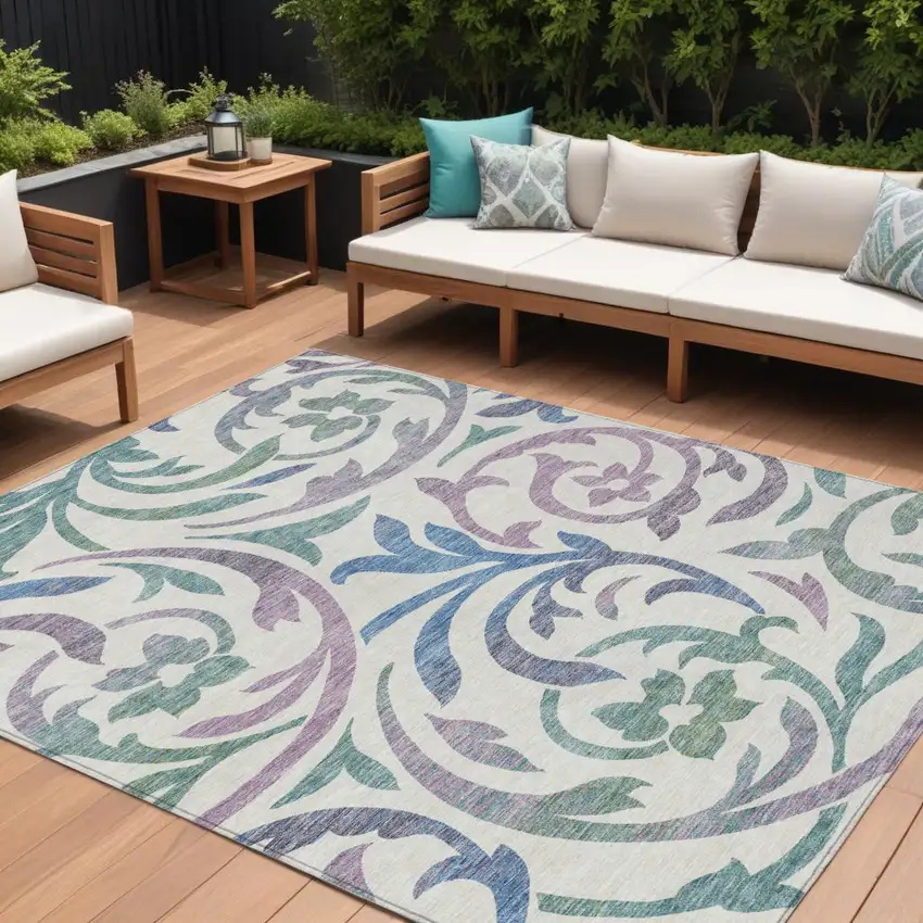 White Purple And Sage Floral Washable Indoor Outdoor Area Rug Photo 1