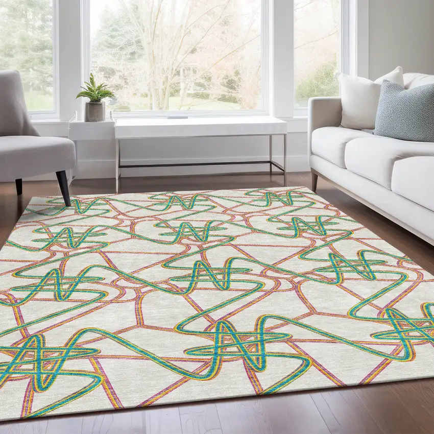 White Purple And Teal Geometric Washable Area Rug With UV Protection Photo 5