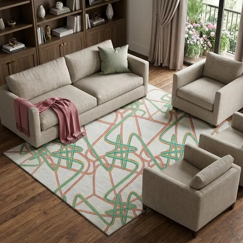 White Purple And Teal Geometric Washable Area Rug With UV Protection Photo 1