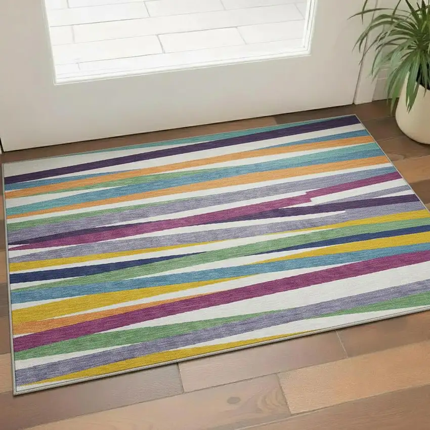 White Purple And Yellow Striped Washable Area Rug With UV Protection Photo 2
