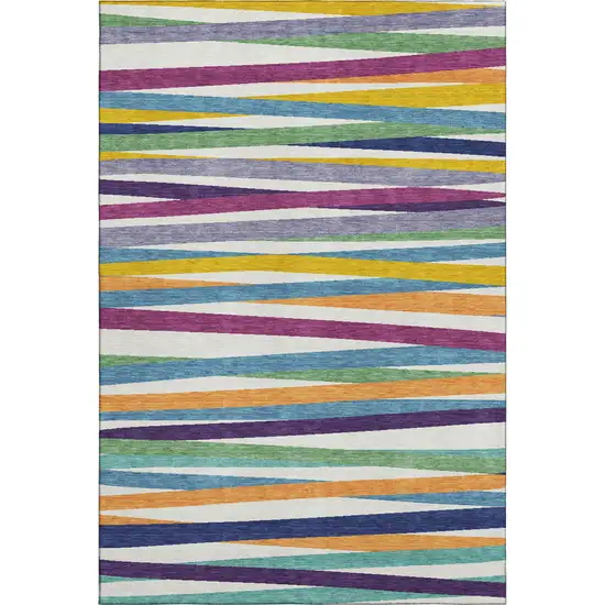 White Purple And Yellow Striped Washable Area Rug With UV Protection Photo 1