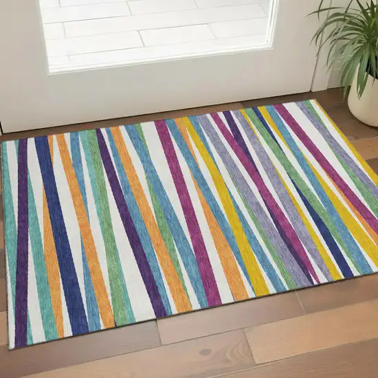 White Purple And Yellow Striped Washable Area Rug With UV Protection Photo 1