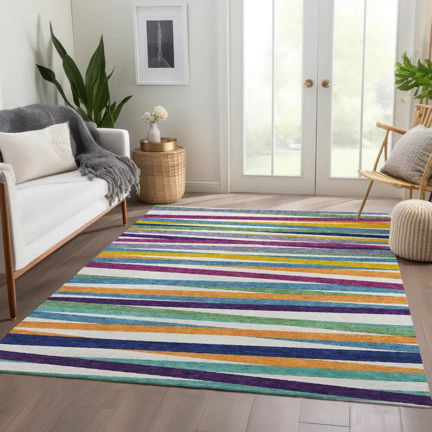 White Purple And Yellow Striped Washable Area Rug With UV Protection Photo 5