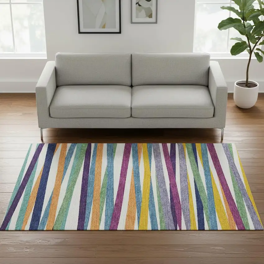 White Purple And Yellow Striped Washable Area Rug With UV Protection Photo 2