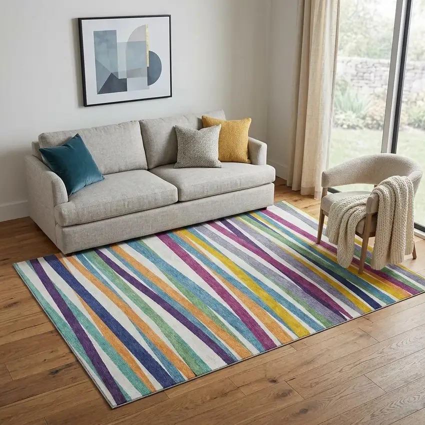 White Purple And Yellow Striped Washable Area Rug With UV Protection Photo 1