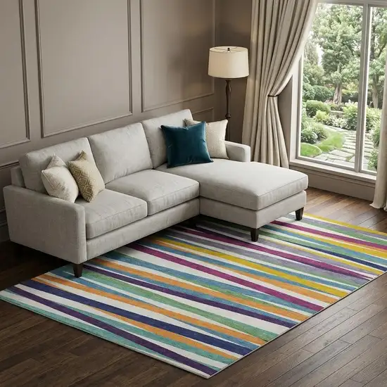 White Purple And Yellow Striped Washable Area Rug With UV Protection Photo 1