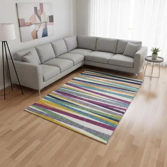 White Purple And Yellow Striped Washable Area Rug With UV Protection Photo 2