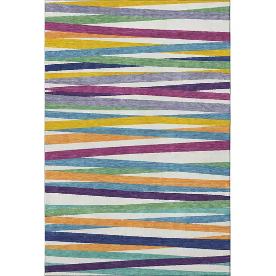 White Purple And Yellow Striped Washable Area Rug With UV Protection Photo 3