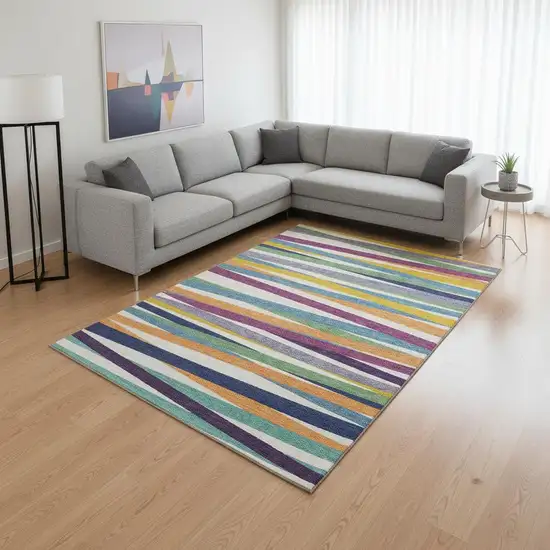 White Purple And Yellow Striped Washable Area Rug With UV Protection Photo 2
