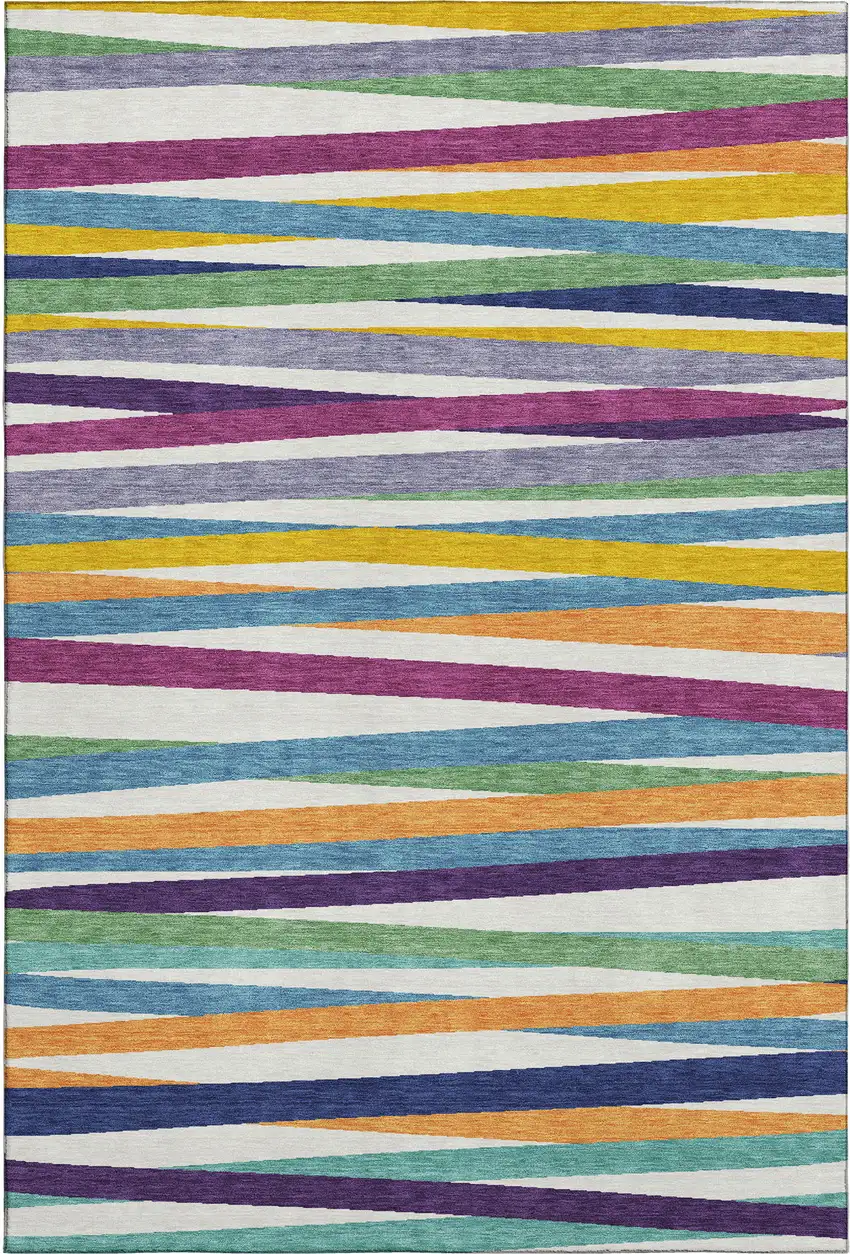 White Purple And Yellow Striped Washable Area Rug With UV Protection Photo 1