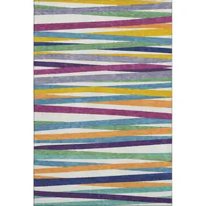 Photo of White Purple And Yellow Striped Washable Area Rug With UV Protection