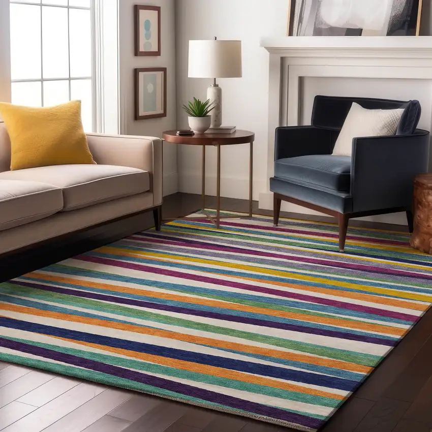 White Purple And Yellow Striped Washable Area Rug With UV Protection Photo 4