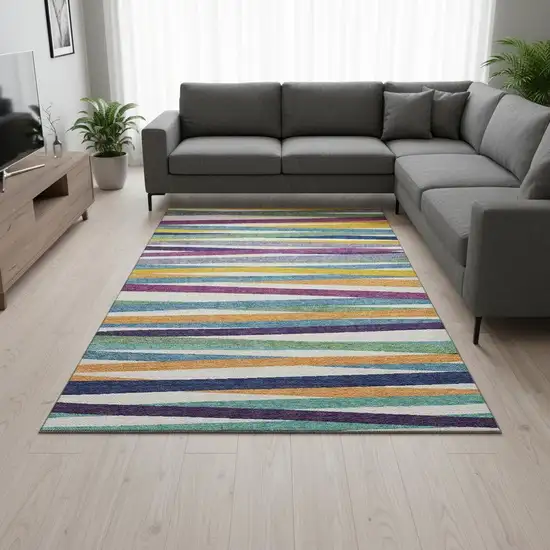 White Purple And Yellow Striped Washable Area Rug With UV Protection Photo 2