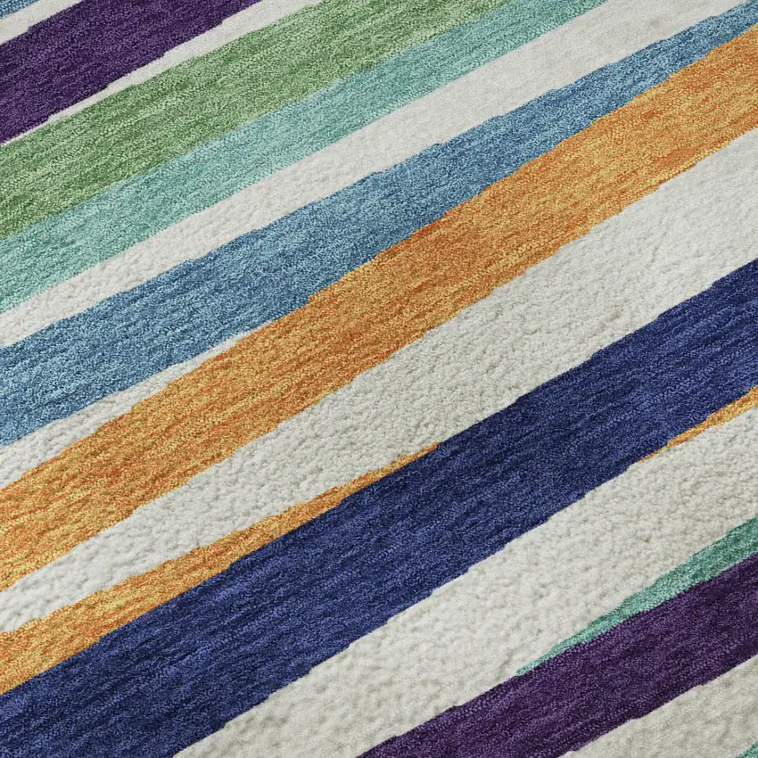 White Purple And Yellow Striped Washable Area Rug With UV Protection Photo 9