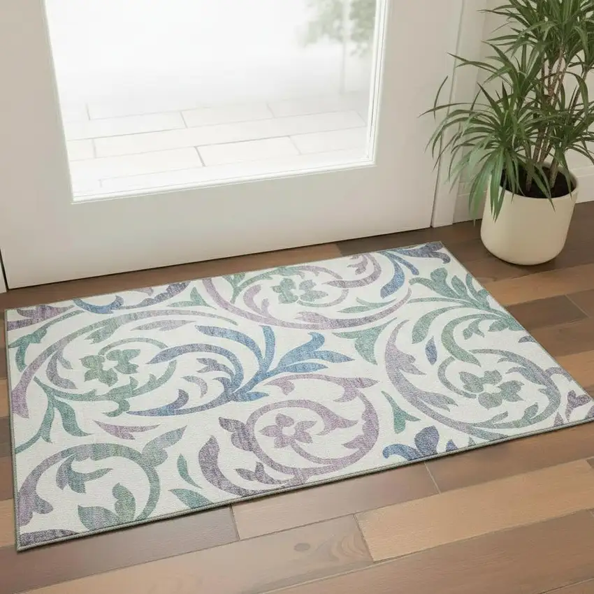 White Sage And Mauve Floral Washable Area Rug With UV Protection Photo 1