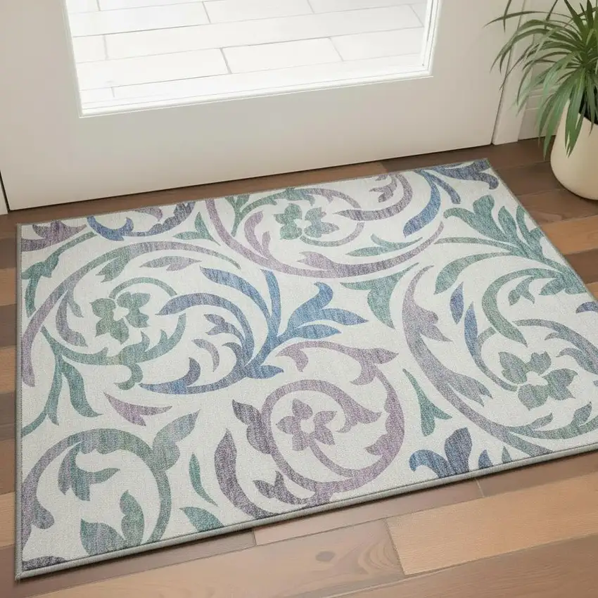 White Sage And Mauve Floral Washable Area Rug With UV Protection Photo 2