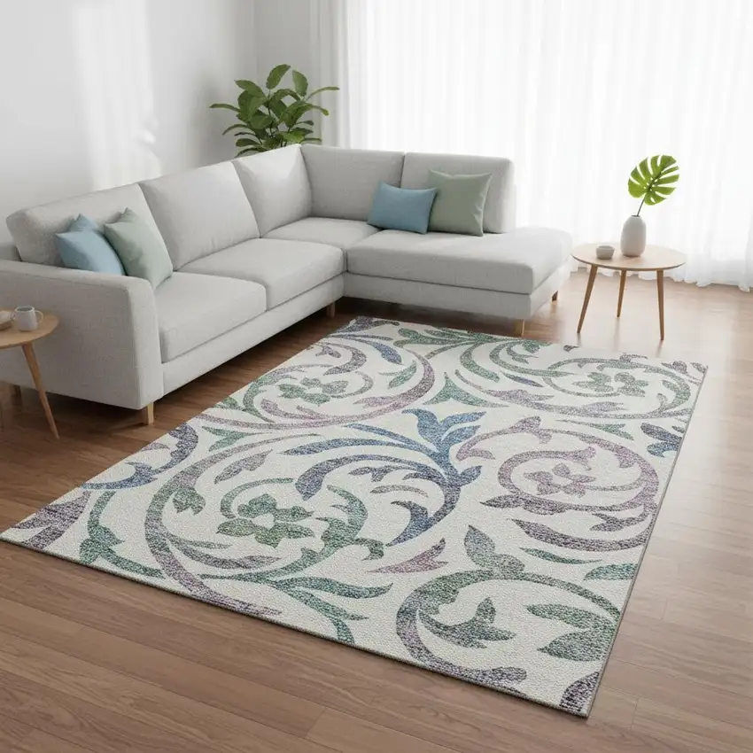 White Sage And Mauve Floral Washable Area Rug With UV Protection Photo 2