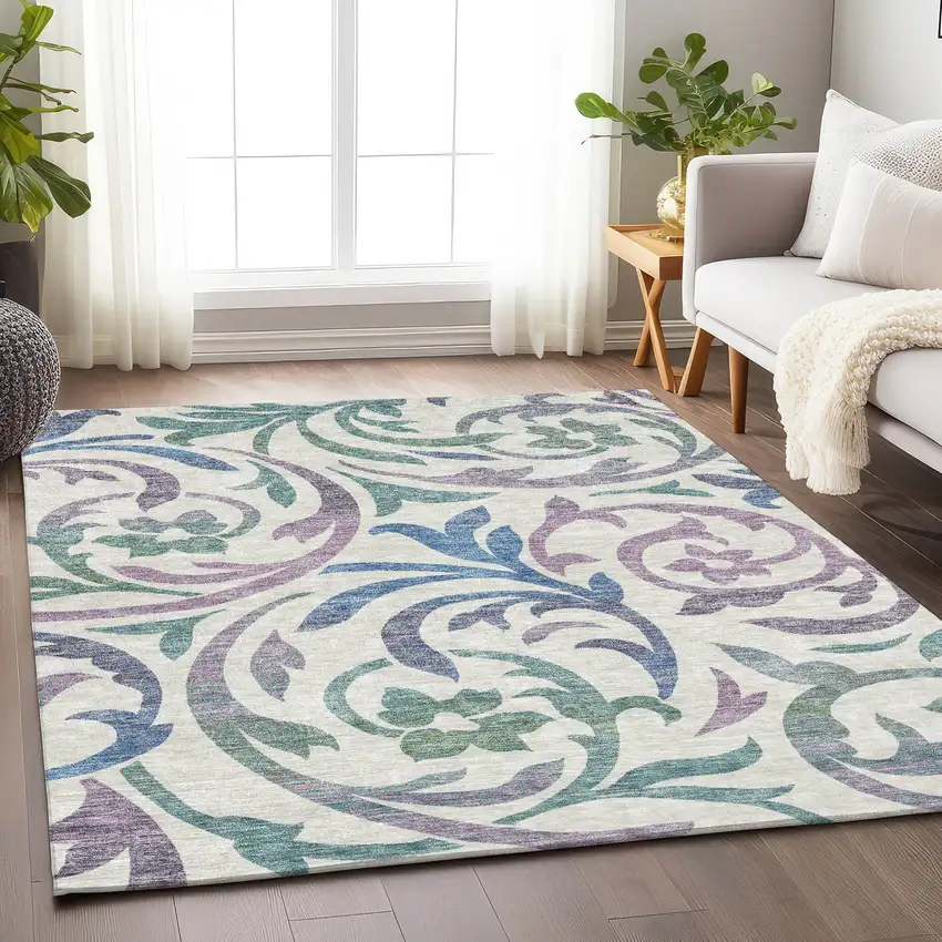White Sage And Mauve Floral Washable Area Rug With UV Protection Photo 5